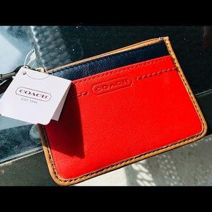 NEW NEVER USED W/tags COACH mini wristlet red navy tan leather with key ring!